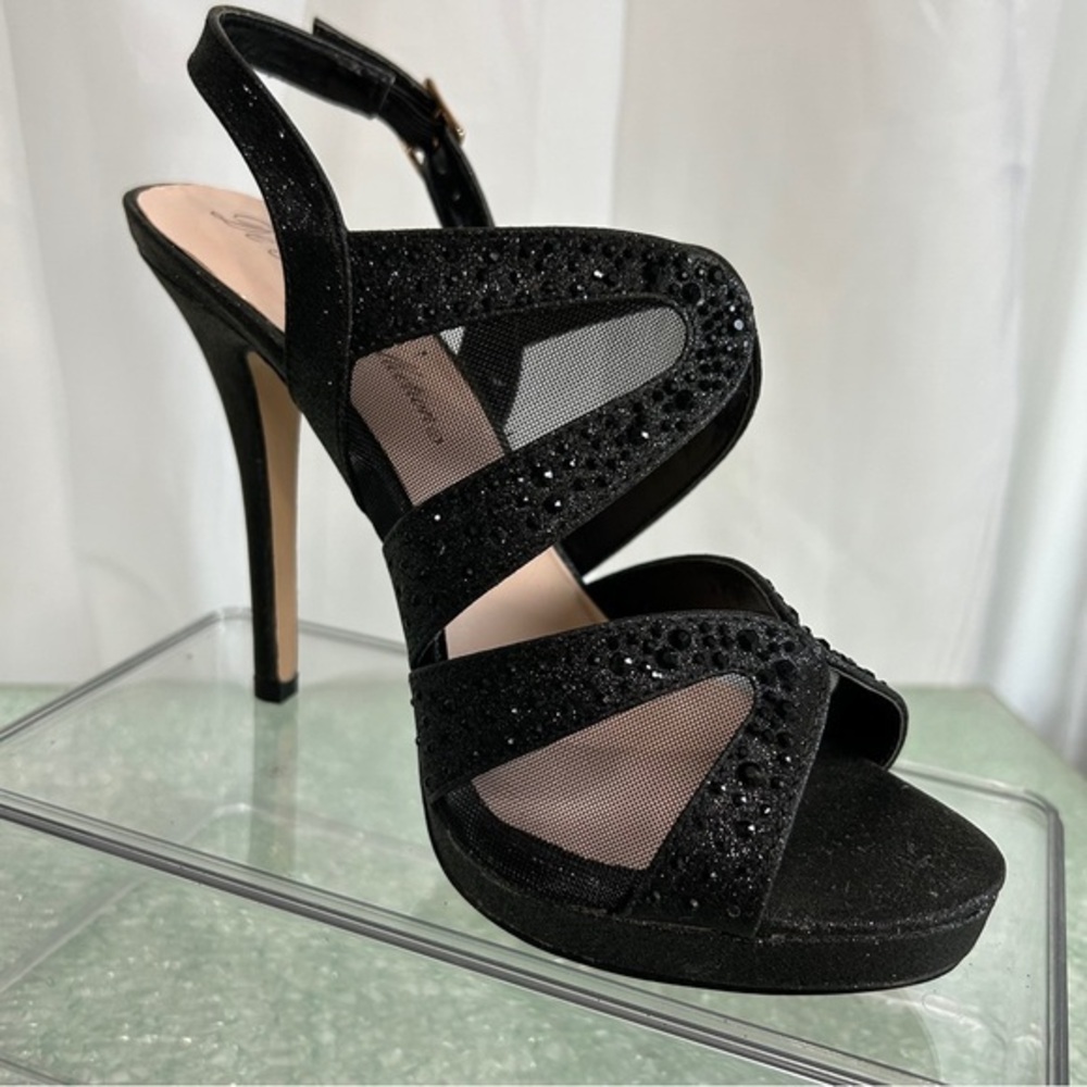 Black Mesh and Rhinestone Peep Toe Sling Back High Heels